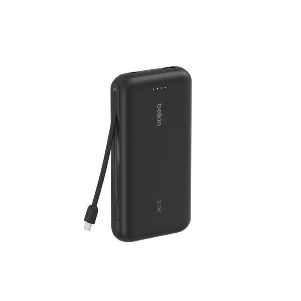 Belkin BoostCharge Power Bank 20K with integrated USB-C cable front view