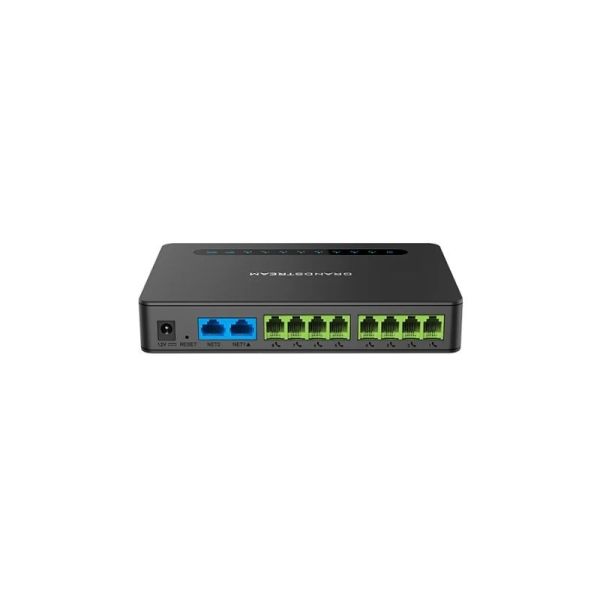 Grandstream HT818 V2 rear panel with eight RJ11 FXS ports and two Gigabit Ethernet ports