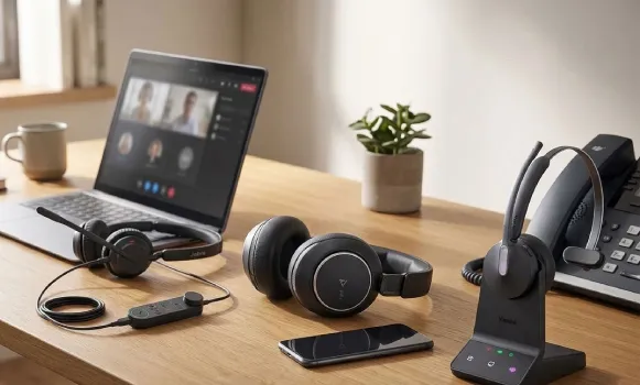 Cuffie per diversi dispositivi di comunicazione Cuffie per PC e telefono da scrivania in una postazione di lavoro