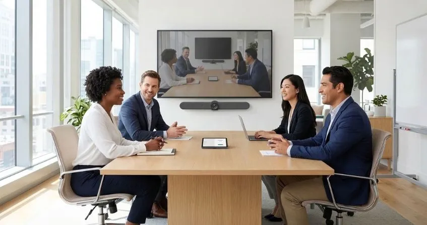 Riunione in videoconferenza con barra video Logitech